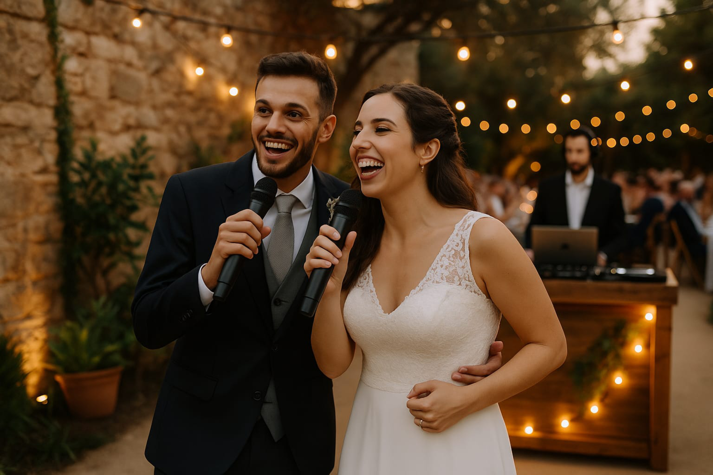 Pareja de novios cantando en un karaoke