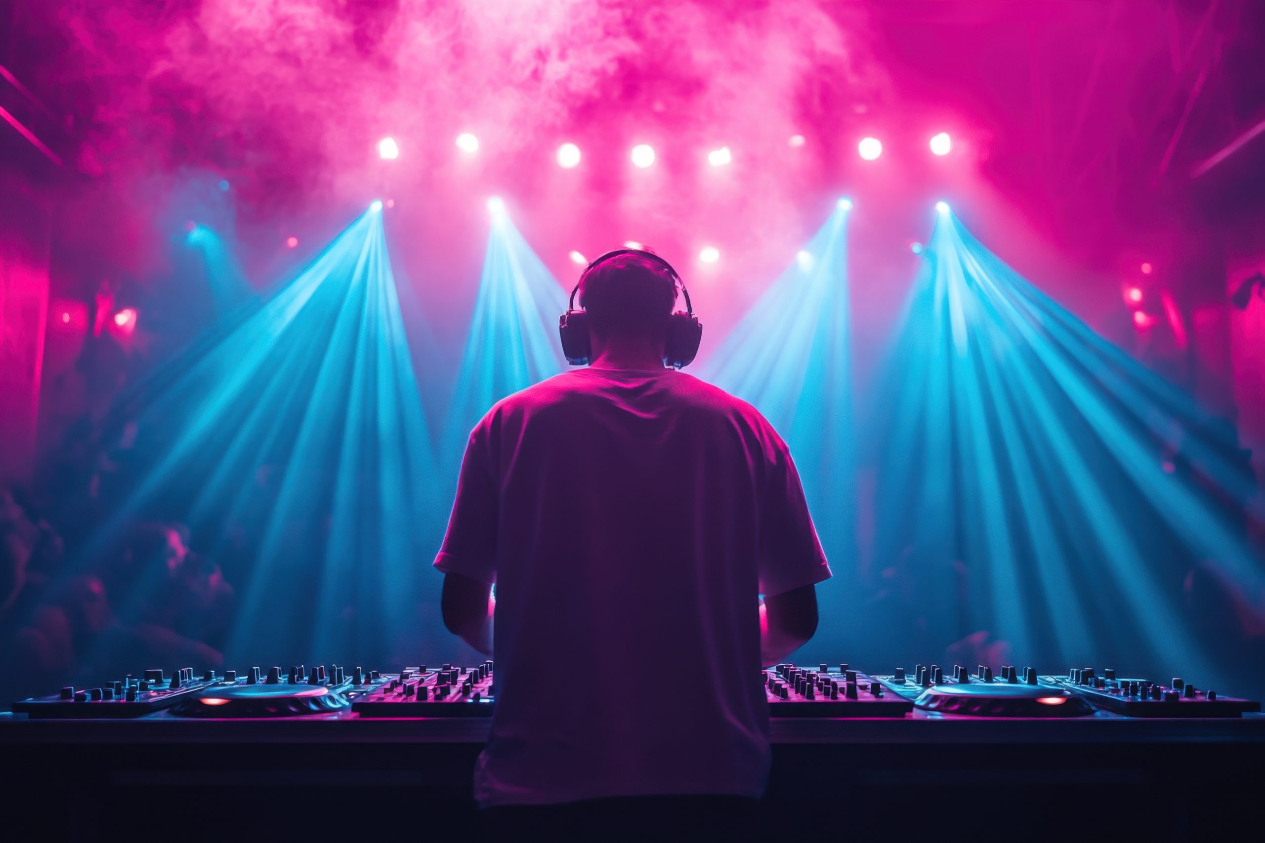 DJ actuando con luces de color en el fondo